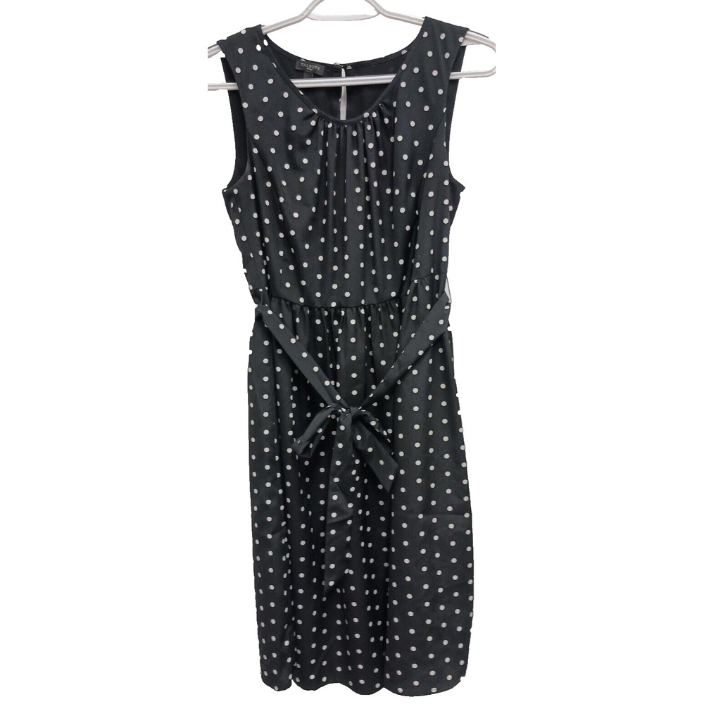 Talbots Womens Midi Dress Petite Size 4 Black White Polka Dot Sleeveless Office